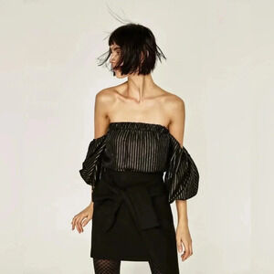 ZARA Woman | Off The Shoulder Balloon Sleeve Striped Blouse - Size XS